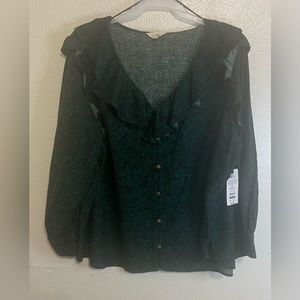 Terra & Sky NEW women’s top, size 3X, long sleeve woven ruffle green multicolor